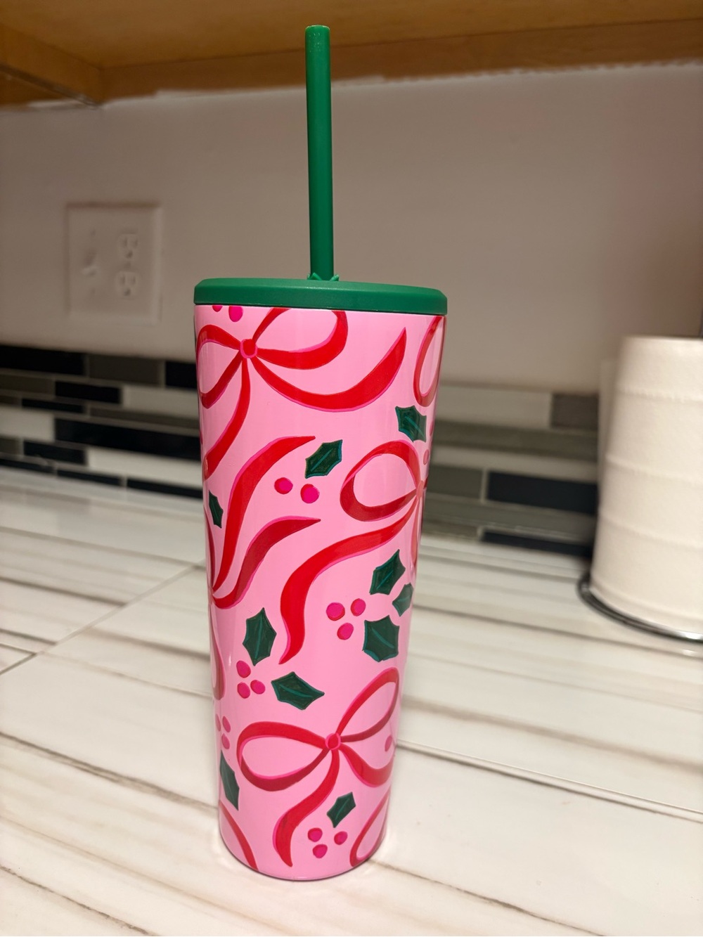 Pink Holiday Ribbon Tumbler with Green Lid and Straw